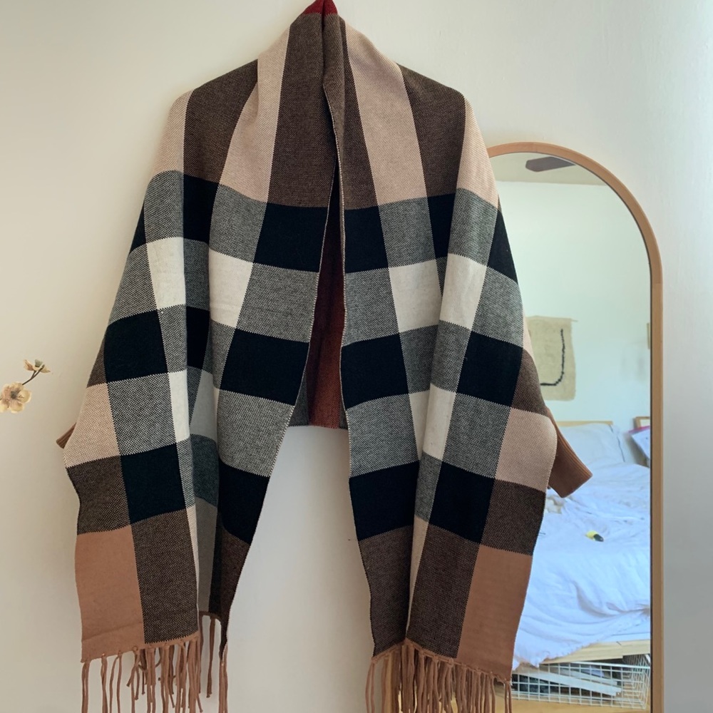plaid knit wrap shawl with cuffed sleeves